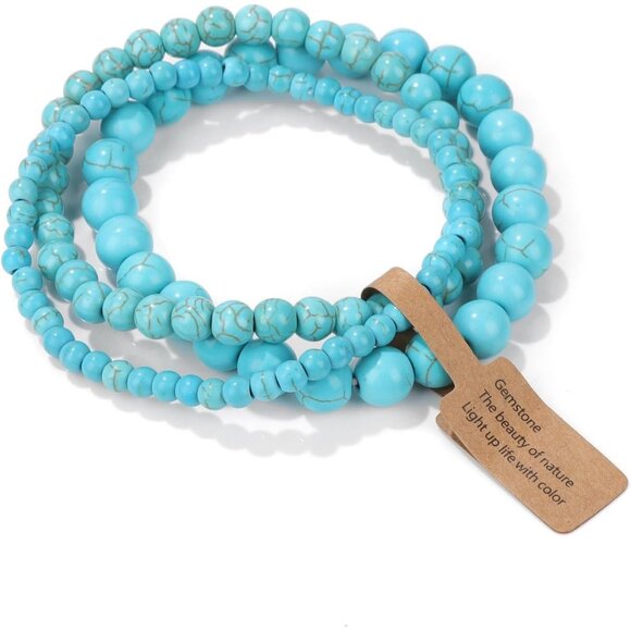 3PCS  Blue Turquoise Crystal Natural Stone Beaded Stretch Bracelet for Women - Picture 1 of 6